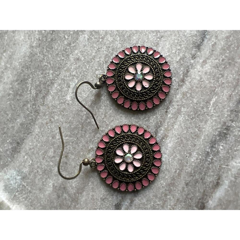 Vintage Style Pink and Bronze Round Dangle Earrings